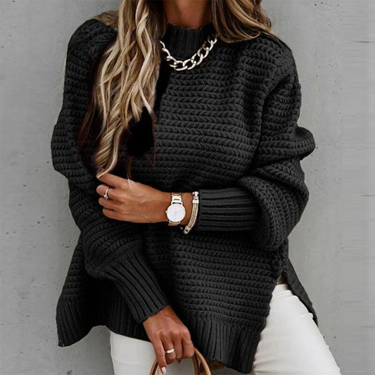 Women’s Sweater – Knitted – Relaxed Fit – Crew Neck – Ribbed Hem – Side Slits