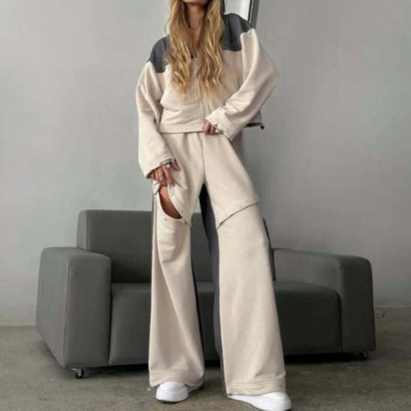 Women’s Loungewear Set – Cropped Hoodie – Wide Leg Pants – Cotton Blend – Relaxed Fit