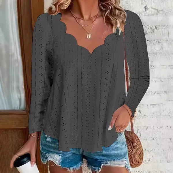 Women's Blouse - Cotton - Relaxed Flowing Silhouette - Scalloped Neckline