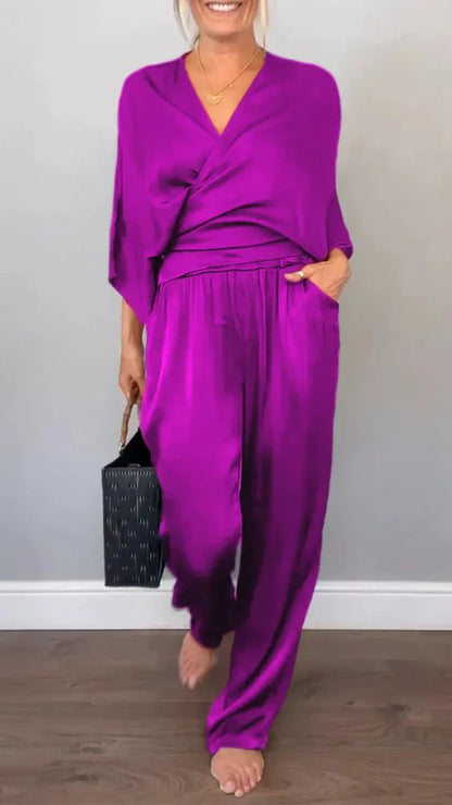 Women’s Wrap Set – V-Neck Top – Satin Feel – Wide-Leg Pants – Relaxed Fit