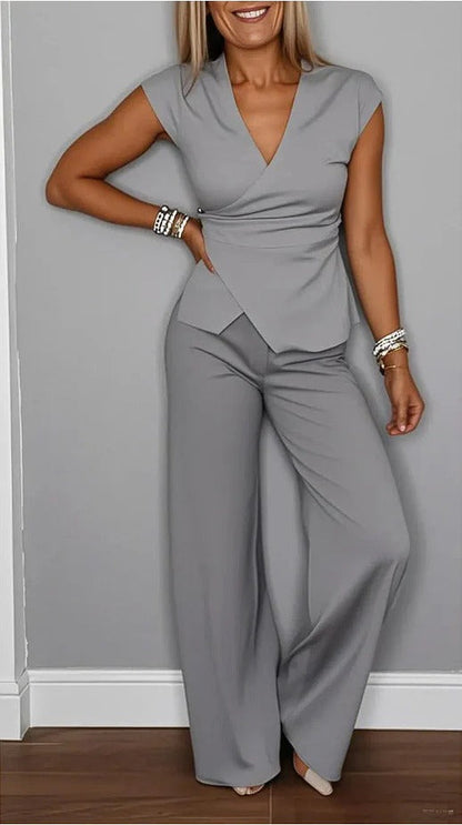 Women’s Wrap Top and Pants Set – Stretch Fabric – V-Neck – High Waist – Cap Sleeve