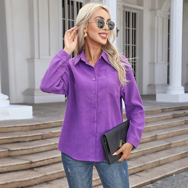 Women's Blouse - Suede - Relaxed Fit - Collared Neckline - Button-Up Front