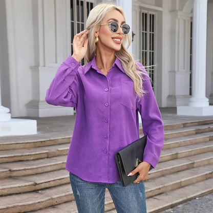 Women's Blouse - Suede - Relaxed Fit - Collared Neckline - Button-Up Front