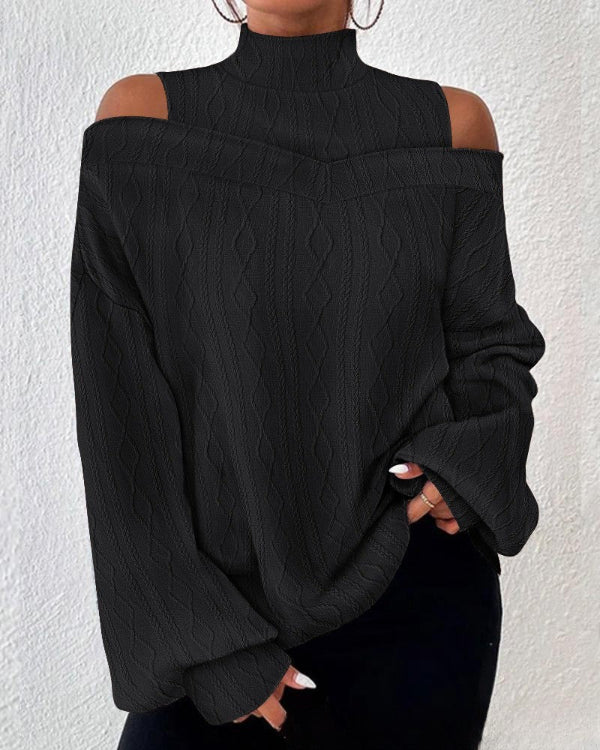 Women’s Sweater Top – Relaxed Fit – High Neck – Open Shoulder – Cable Knit – Long Sleeve