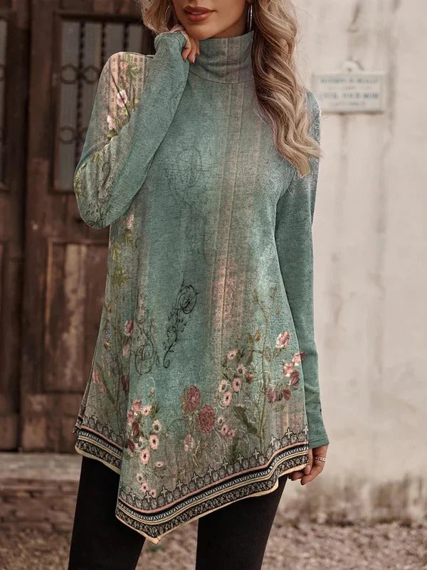 Women’s Tunic Blouse - Knit - Relaxed Fit - Stand Collar - Asymmetrical Hem