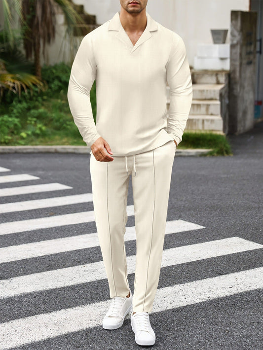 Men’s Waffle Knit Set – Slim Fit – Suit Collar Top – Drawstring Full-Length Pants