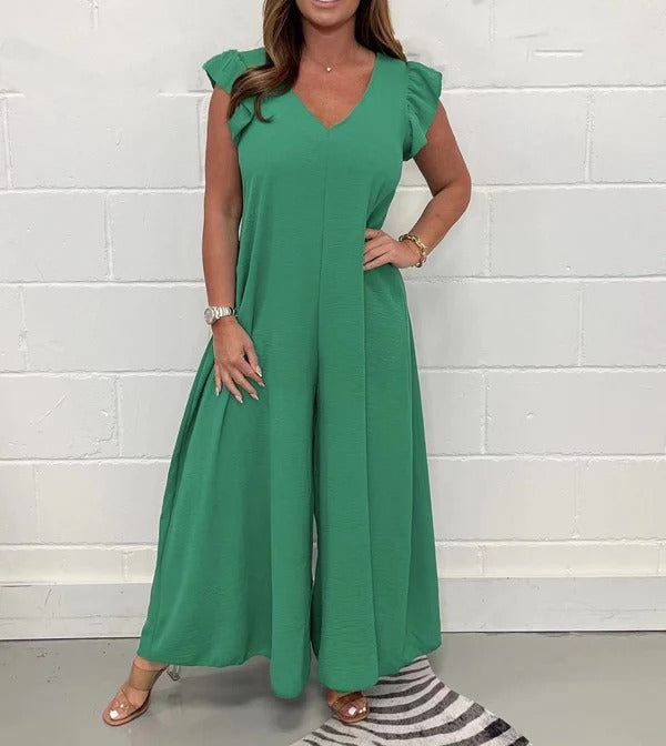 Women’s Overalls - Textured Woven - Wide-Leg Fit - Ruffled Shoulder Detail