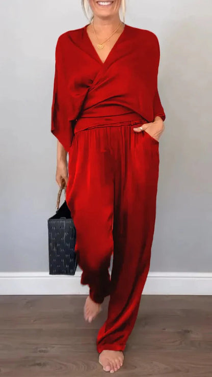 Women’s Wrap Set – V-Neck Top – Satin Feel – Wide-Leg Pants – Relaxed Fit