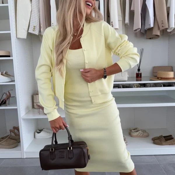 Women’s Midi Dress and Jacket Set - Knit - Ribbed Texture
