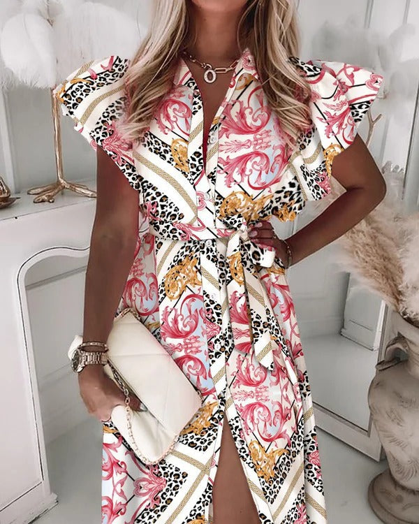 Women’s Shirt Dress – Silk – Chain Pattern – Belted Midi Fit – Voluminous Sleeves