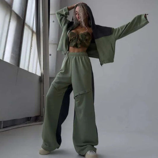 Women’s Loungewear Set – Cropped Hoodie – Wide Leg Pants – Cotton Blend – Relaxed Fit