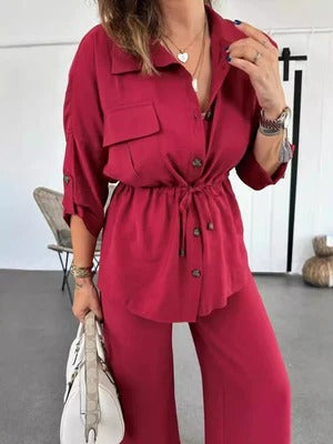 Women's Blouse and Wide-Leg Pants Set - Cotton - Tie-Waist Detail