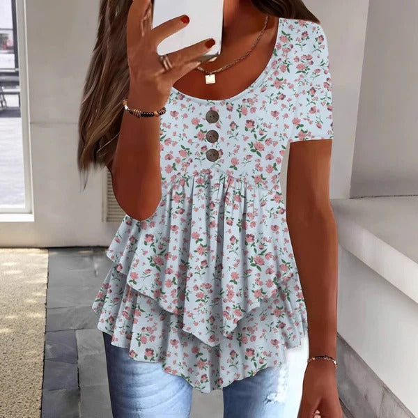 Women’s Blouse – Relaxed Fit – Cotton Blend – Ruffle Hem – Button Front – Floral Print
