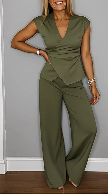 Women’s Wrap Top and Pants Set – Stretch Fabric – V-Neck – High Waist – Cap Sleeve