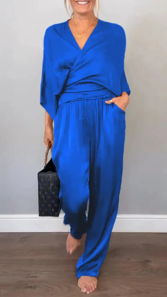 Women’s Wrap Set – V-Neck Top – Satin Feel – Wide-Leg Pants – Relaxed Fit