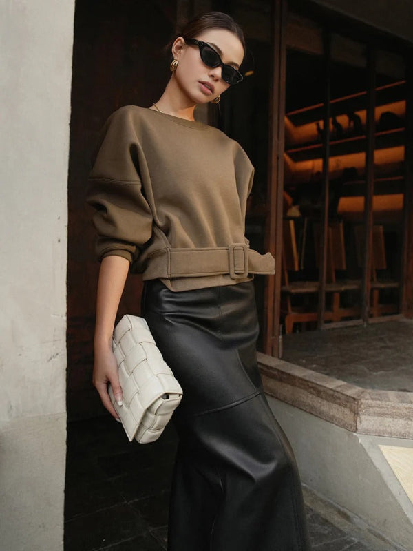 Women’s Cropped Sweatshirt – Cotton Blend – Relaxed Fit – Belted Waist – Ribbed Trim