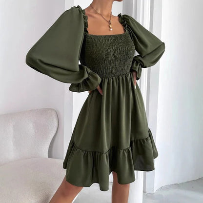 Women’s Mini Dress - Smooth Fabric - Square Neck - Puff Long Sleeves - Smocked Bodice
