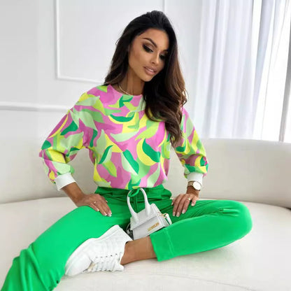 Women’s Long Sleeve Top – Relaxed Fit – Cotton Blend – Abstract Print – Round Neck