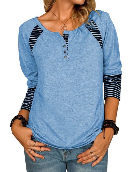 Women’s Long Sleeve Shirt – Relaxed Fit – Cotton Blend – Striped Raglan Sleeves