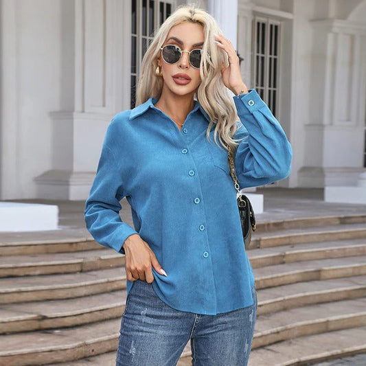 Women's Blouse - Suede - Relaxed Fit - Collared Neckline - Button-Up Front