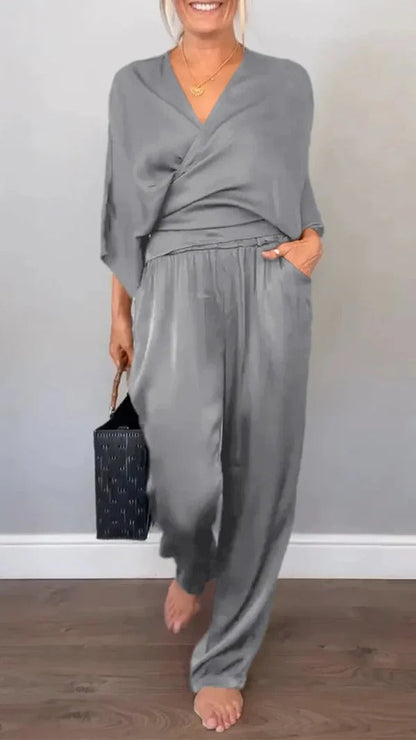 Women’s Wrap Set – V-Neck Top – Satin Feel – Wide-Leg Pants – Relaxed Fit