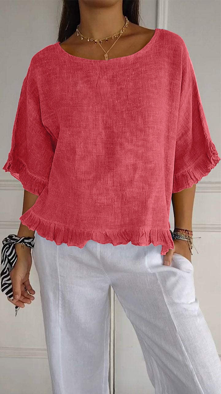 Women’s Blouse – Loose Fit – Cotton Blend – Short Dolman Sleeves – Ruffle Hem