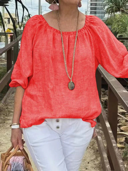 Women’s Pullover Top – Cotton Linen – Relaxed Fit – Mid Sleeve – Round Neck Casual Wear