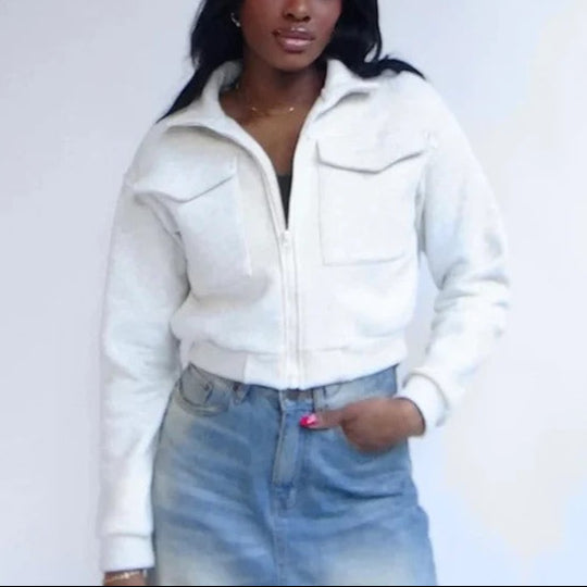 Women’s Utility Jacket – Cropped Relaxed Fit – High Collar – Cotton Blend – Zip Front
