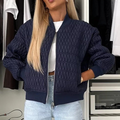 Women’s Quilted Jacket – Cropped Fit – Ribbed Cuffs – Zip Front – Casual Style