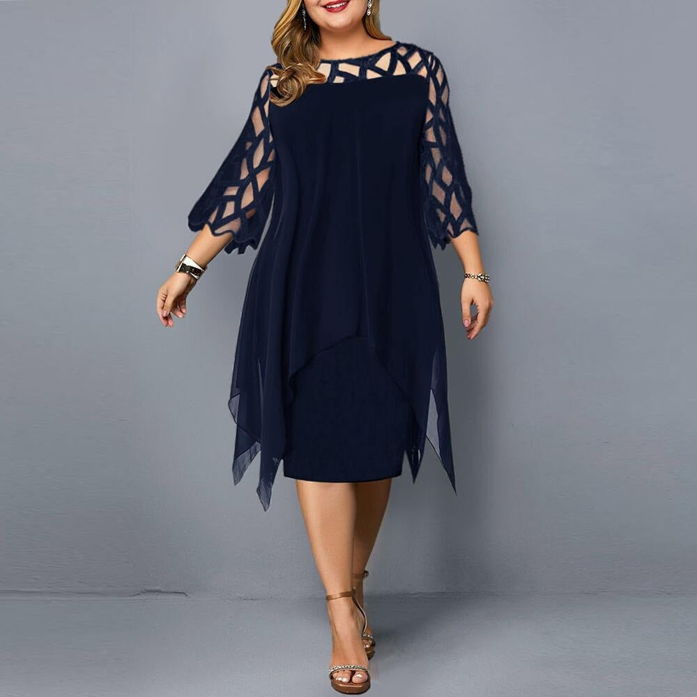 Women’s Midi Dress – Chiffon – Lace Detail – 3/4 Sleeve – Asymmetrical Hem – Relaxed Fit