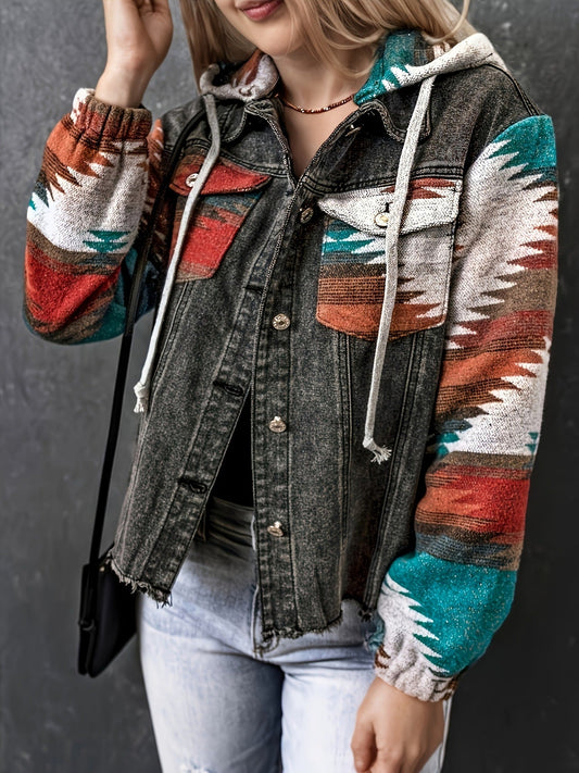 Women’s Denim Jacket – Relaxed Fit – Patterned Sleeves – Hooded – Frayed Hem