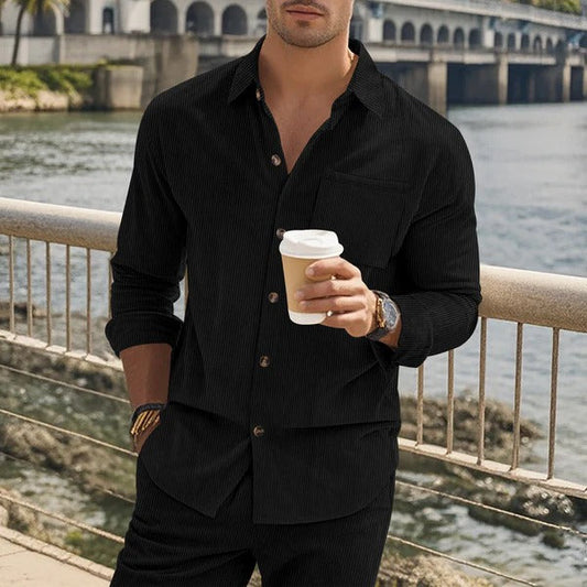 Men’s Long Sleeve Shirt – Slim Fit – Cotton Feel – Button-Up – Vertical Striped Design