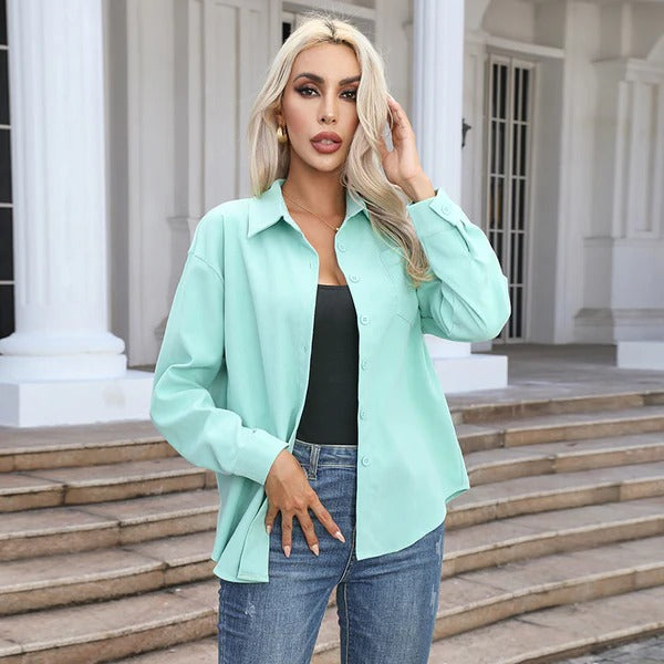Women's Blouse - Suede - Relaxed Fit - Collared Neckline - Button-Up Front