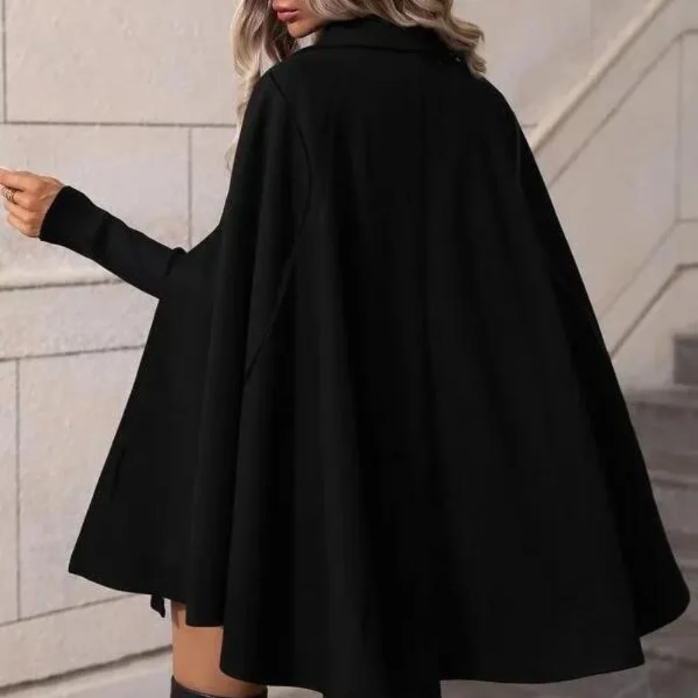 Women’s Cape Coat – Wool Blend – Loose Fit – Double Breasted – Mid-Thigh Length