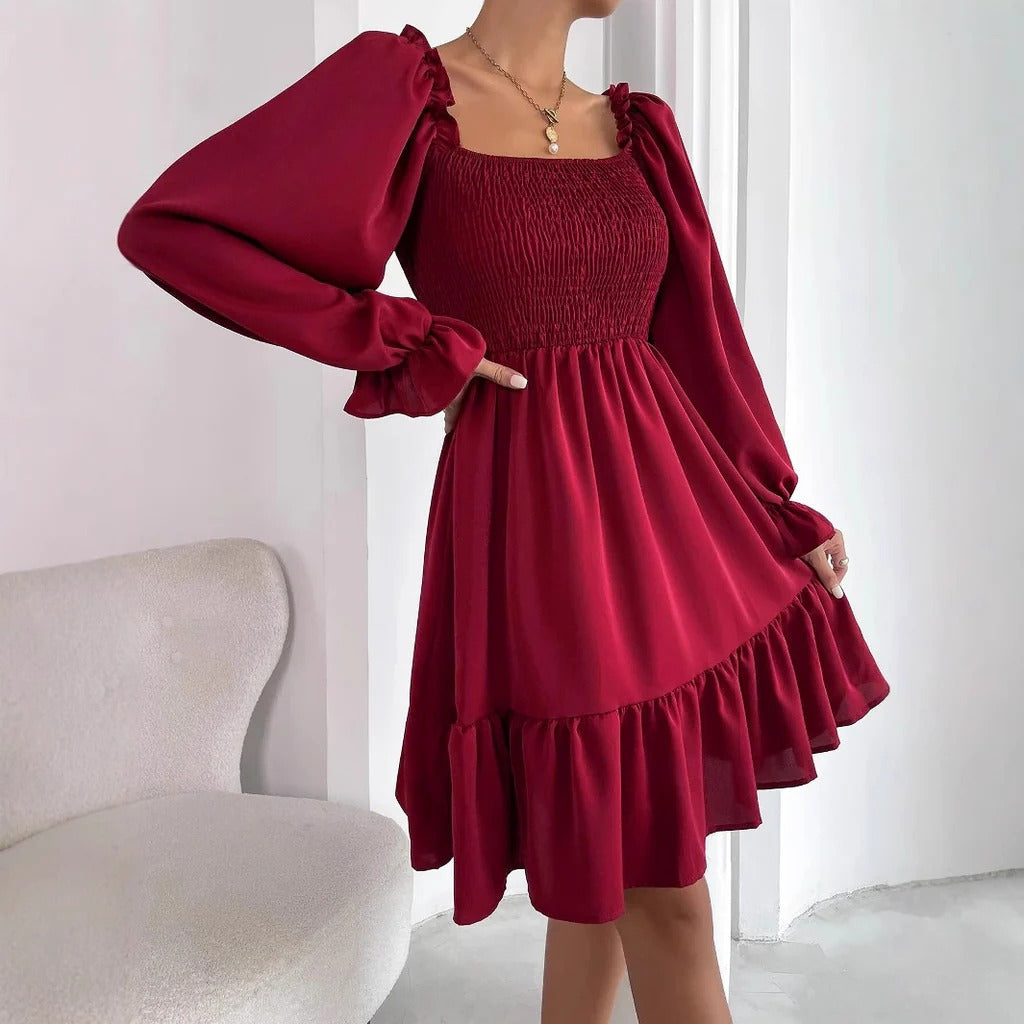 Women’s Mini Dress - Smooth Fabric - Square Neck - Puff Long Sleeves - Smocked Bodice