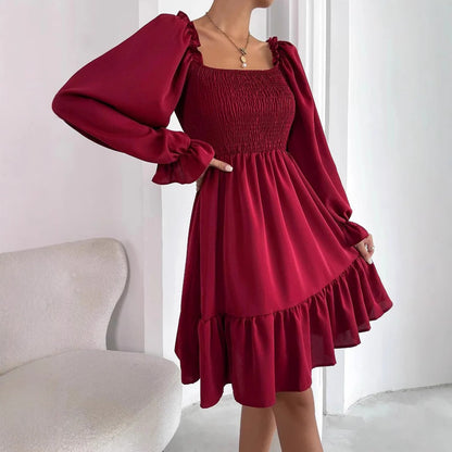 Women’s Mini Dress - Smooth Fabric - Square Neck - Puff Long Sleeves - Smocked Bodice