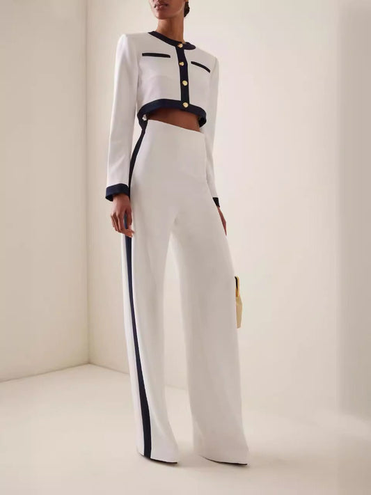Women’s Pantsuit Set – Cropped Blazer – High Waist Wide Leg – Contrast Trim – Tailored Fit