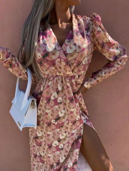 Women's Maxi Dress - Tailored Fit - High Neck - Puff Shoulder Detail