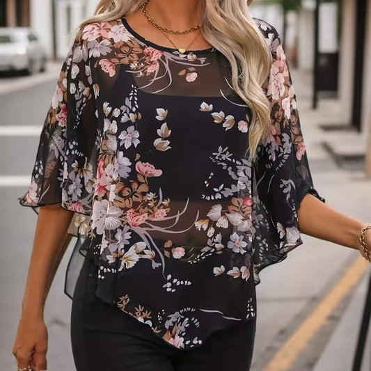 Women’s Blouse – Sheer Chiffon – Relaxed Fit – Floral Print – Flutter Sleeves