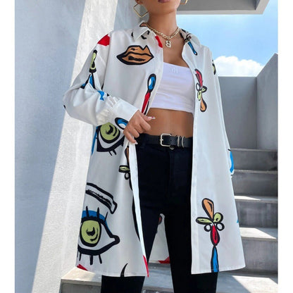 Women’s Button-Up Shirt – Loose Fit – Long Sleeve – Cotton – Graphic Print