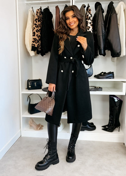 Women’s Wool Coat – Tailored Knee-Length Fit – Double-Breasted – Belted Waist