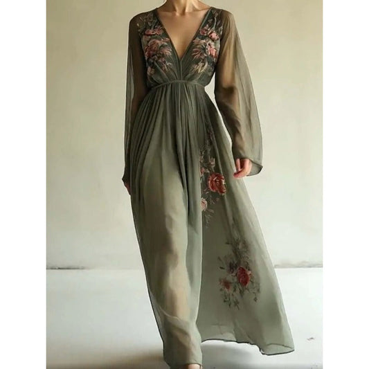 Women’s Maxi Dress – A-Line Fit – Deep V-Neck – Sheer Fabric – Floral Print – Long Sleeve