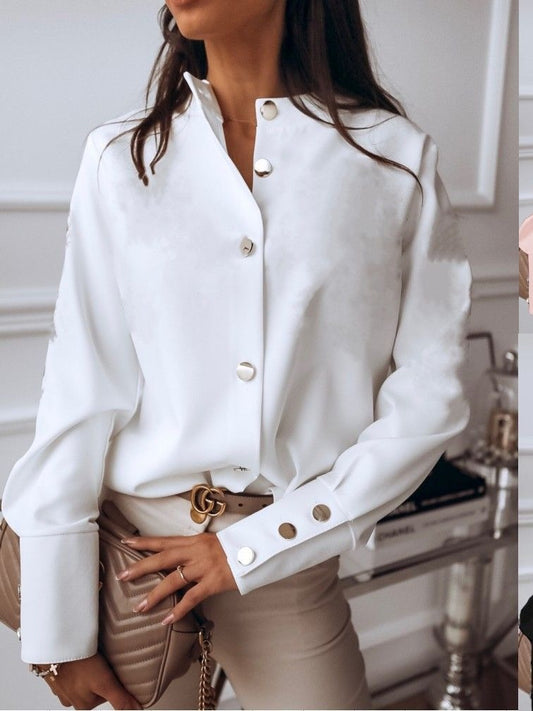 Women’s Long Sleeve Shirt – Relaxed Fit – Silk Feel – Button-Up – Stand Collar