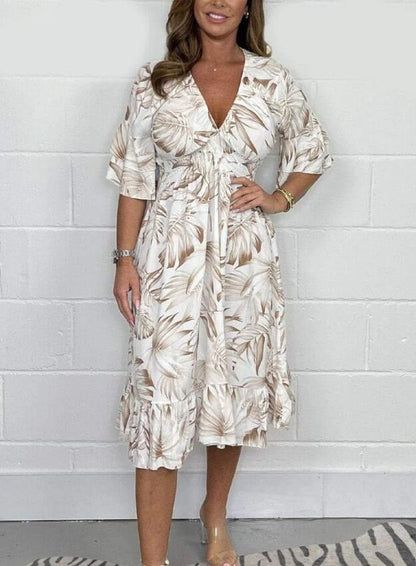 Women’s Midi Dress – Loose Fit – High Waist – Botanical Print – Cotton – V-Neck – Ruffle Sleeve