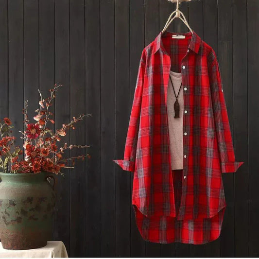 Women’s Plaid Shirt – Oversized Fit – Button Down – Mid Length Cotton – Casual Layer