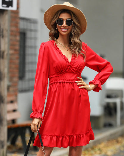 Women’s A-Line Dress – Ruffled V-Neck – Long Sleeve – High Waist Flattering Fit