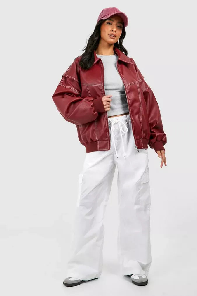 Women’s Leather Jacket – Oversized Fit – Zip Front – Ribbed Cuffs – Hip Length