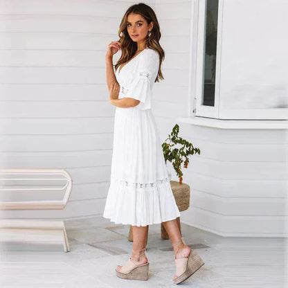 Women’s Midi Dress – Cotton – V-Neck – Crochet Trim – Flowy Fit – Tiered Hem