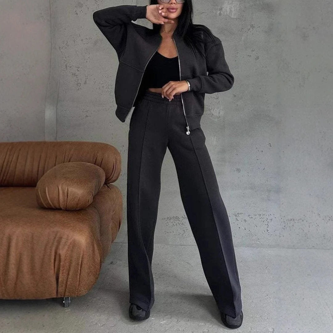Women’s Two-Piece Set – Cropped Bomber Jacket – Relaxed Fit – Wide-Leg Drawstring Pants