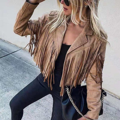 Women’s Tailored Jacket – Suede Look – Fringe Detail – Hip Length – Casual Fit
